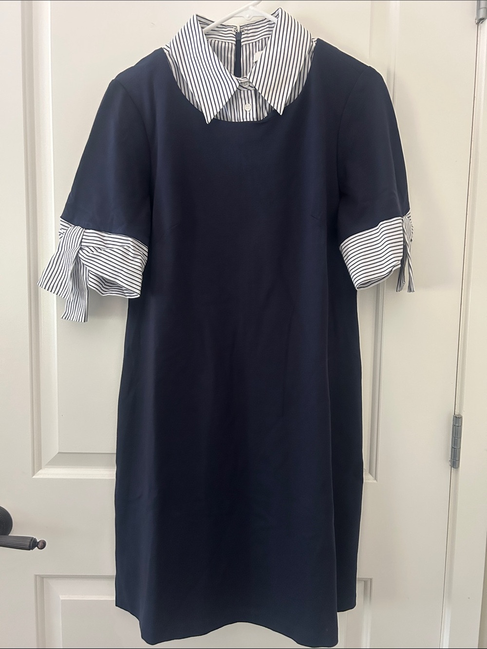 1901 Navy Midi Dress with Striped Shirt Collar and Tie Cuffs